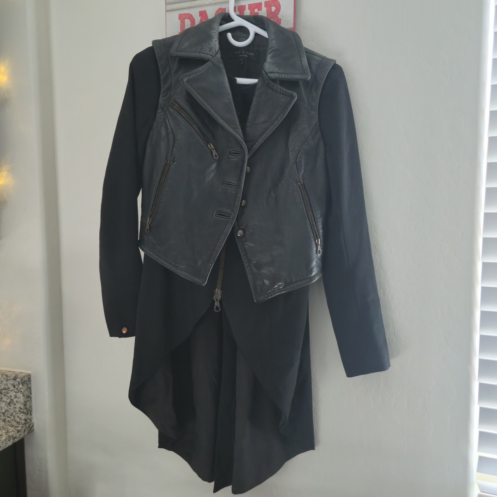 Rag & Bone Black Leather Jacket with Coat Overlay - Picture 16 of 16